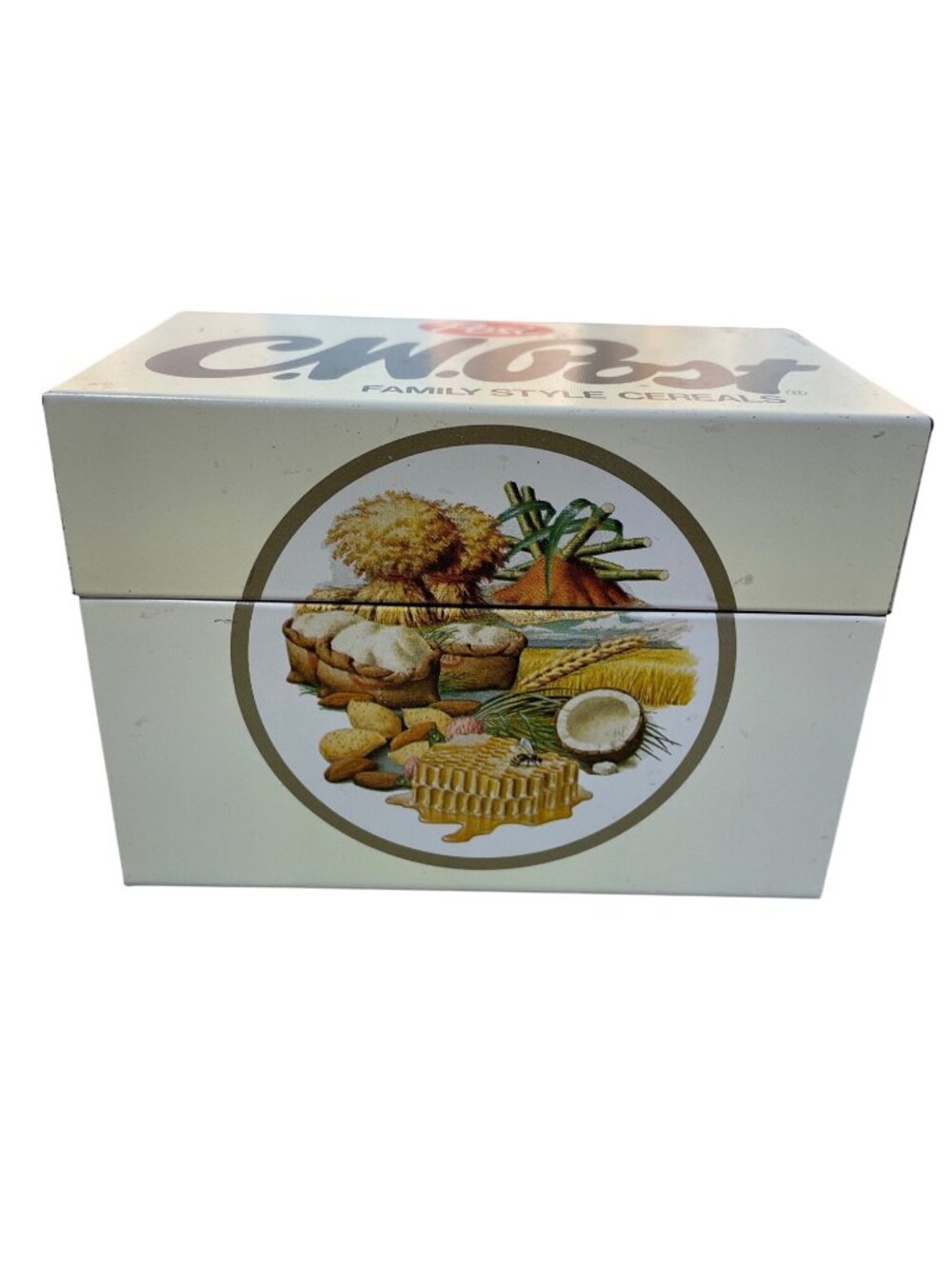Vintage Post C.W. Metal Recipe Box Tin Family Style Cereals Kitchen Advertising